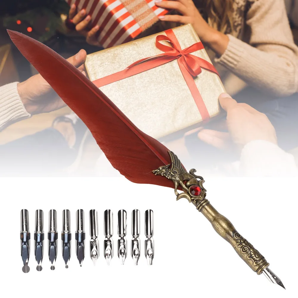 Stainless Steel Feather Quill Carved Pattern Feather Shaft Dip Pen Retro Texture Smooth Nib Engraved Dip Pen Desktop Decoration