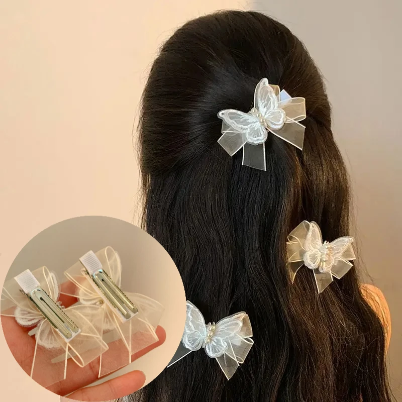 

Butterfly Bow Hair Clips 4Pcs White Tulle Pearl Small Side Braid Clips for Women Fairy Ethereal Wedding Daily Nonslip
