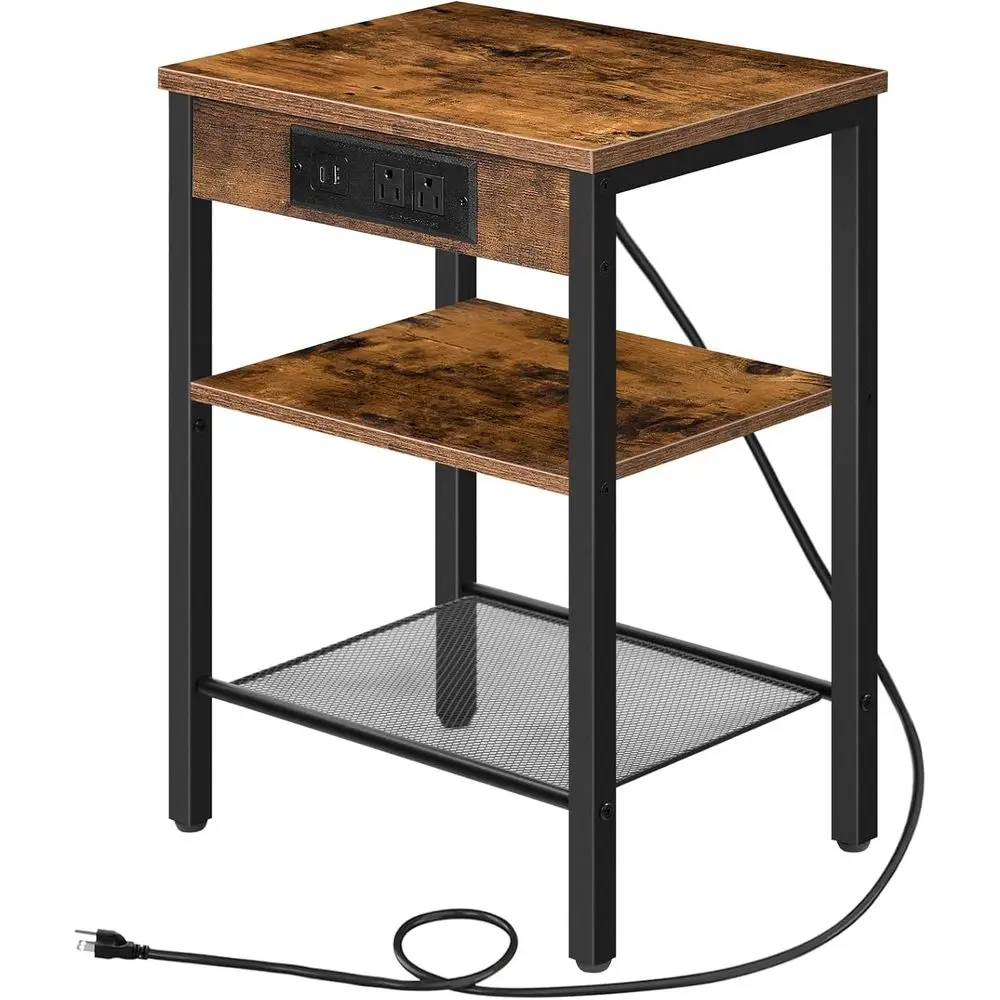 

Side Table with Charging Station and USB Port, Small End Table or Small Space, 3-Tier Nightstand with Adjustable Shel, or Living