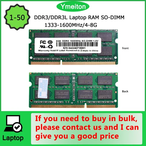 Ymeiton DDR3 1-50 PCS Laptop Universal Memory Card DDR3 Memory 1333MHz 1600MHz 4GB 8GB SO-DIMM RAM 204-pin Memory Card Wholesale