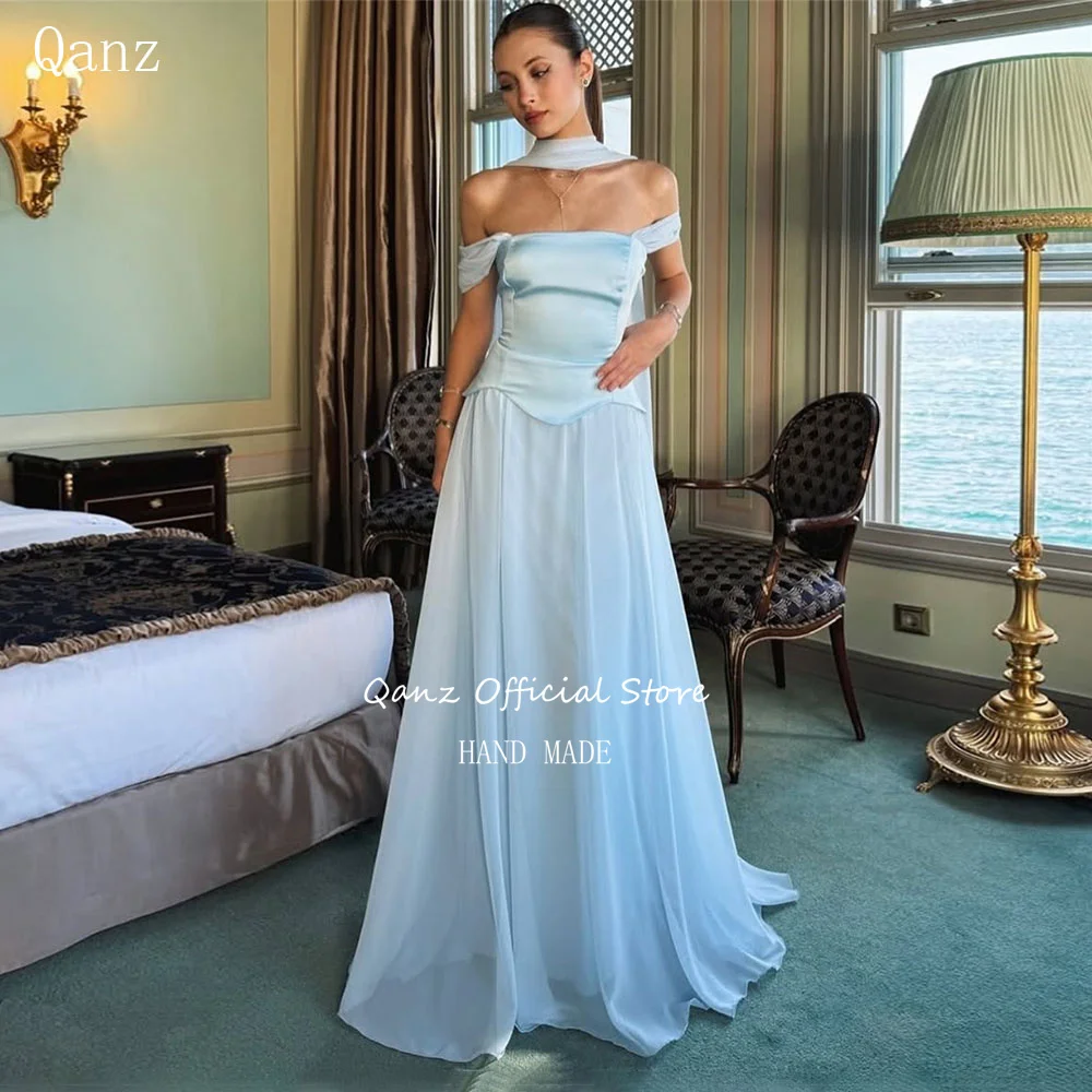 

Qanz Elegant Blue Evening Dresses Wedding Party Guest Off The Shoulder Floor Length Women Formal Events Prom Gown Customized