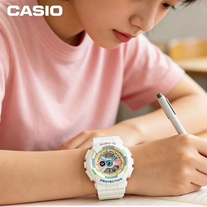 BABY-G Casio BA-110XTM-7A, reloj digital-analógico para niñas, correa de resina blanca, luz LED, resistente al agua hasta 100 metros, reloj de pulsera deportivo de uso casual.