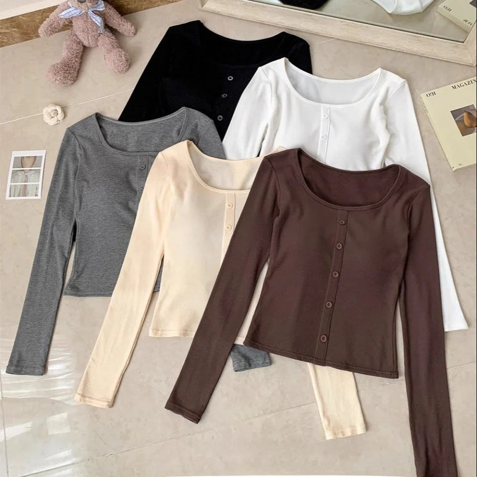 Early Autumn Casual Style Long Sleeve T-Shirt Women's Slim Fit Fixed Band Chest Pad Base Shirt Sweet Style Cotton Blend Breat...