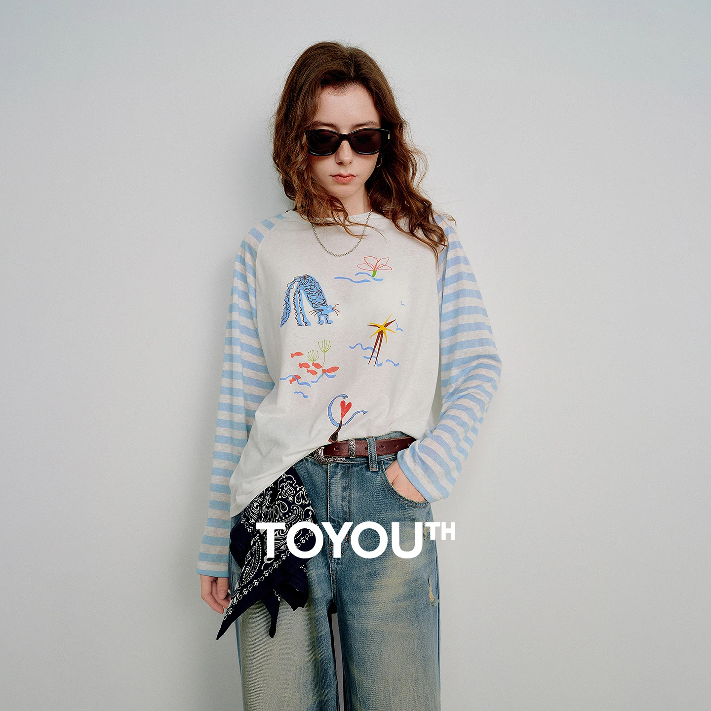 

TOYOUTH Women T-Shirts 2026 Spring New Linen Feel Printed Striped Raglan Sleeve Casual Tops