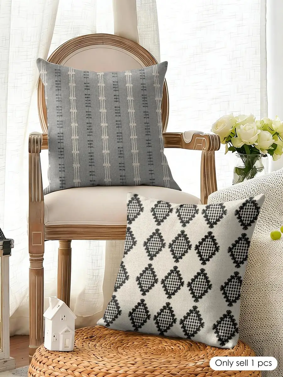 Black Embroidered Textured Cushion Cover Natural Linen Organic Fabric Double-Sided Printing Breathable Perfect For Home Decor