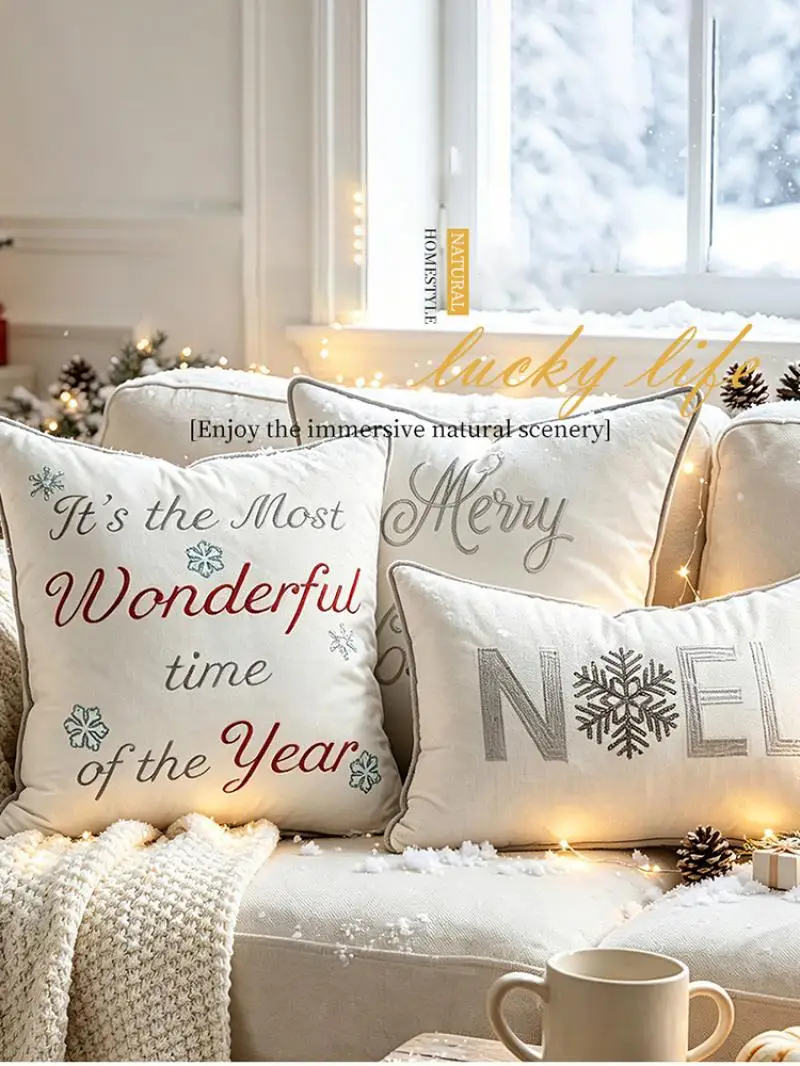 Weihnachts-Samt-Kissenbezug mit Buchstaben-Stickerei, Sofakissenbezug für Wohnzimmer, Weihnachts-Schneeflocken-Kissenbezüge – Detail 3