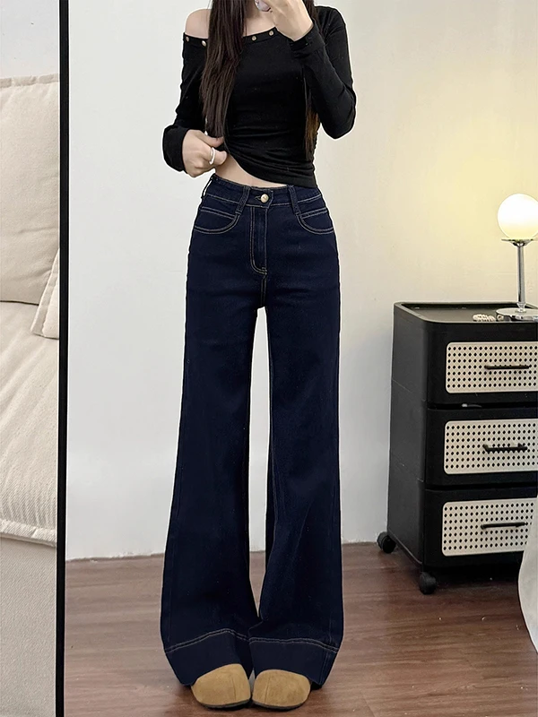 

American Retro Denim Blue Micro Flared Wide Leg Jeans Women's High Waist Loose Straight Loose Long Trousers Casual Wear