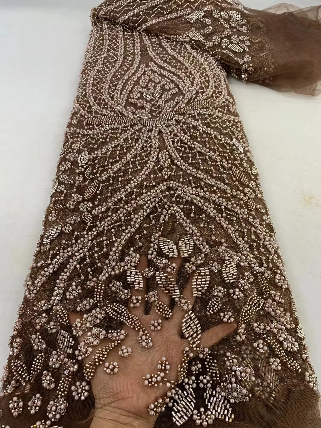 2024 Latest Brown African Handmade Beads Laces Fabrics Luxury Nigerian Sequins Mesh Lace Fabric For Woman Party Dresses  Wp508-3