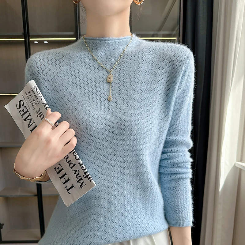 

Fashion Female Pullover 2024 Cashmere Knitted Sweater Women's Spring and Autumn Half Turtleneck Top Breathable Hollow out Jumper