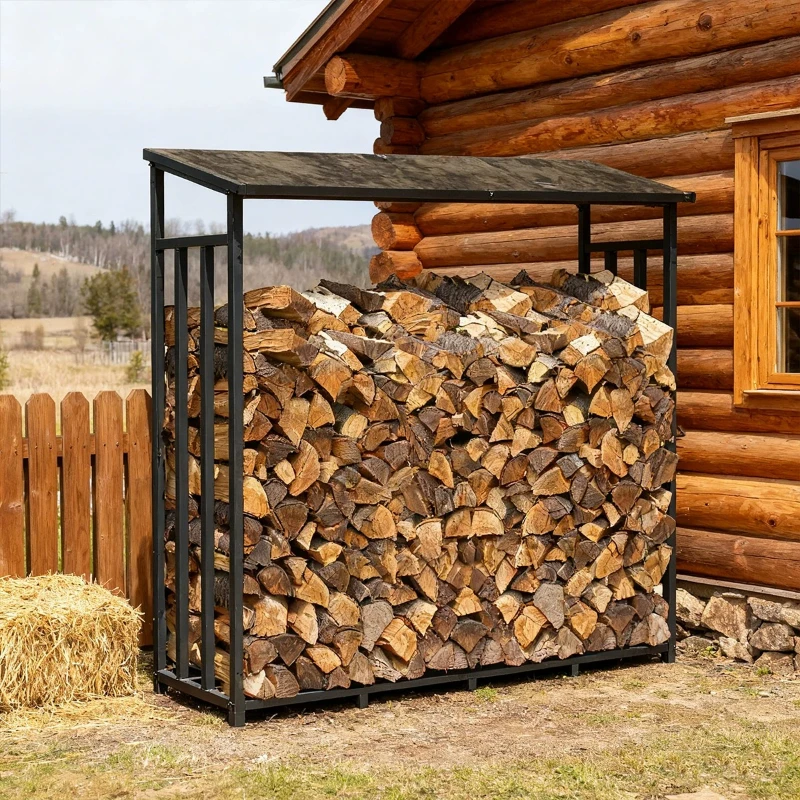 C69 simple outdoor with canopy black wrought iron firewood rack large storage rack fireplace firewood storage