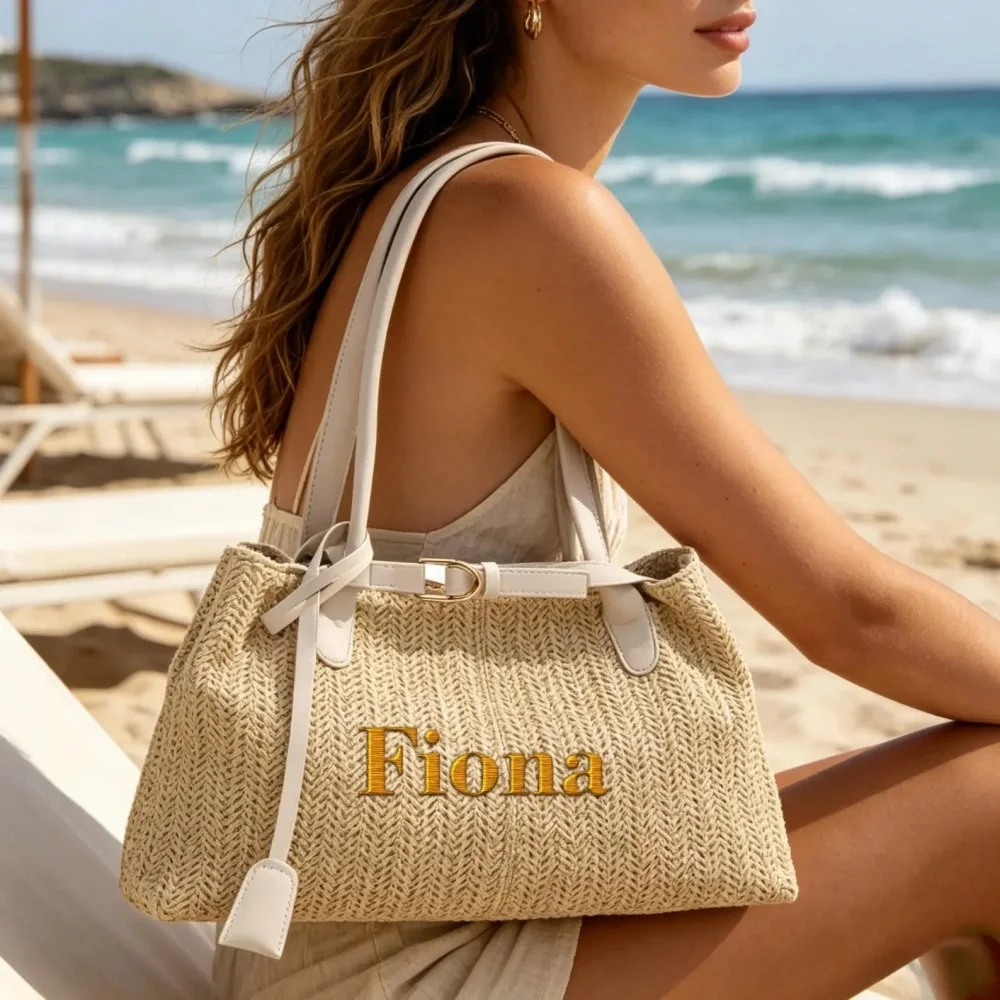 Custom Personalized Name Embroidered Tote Bag Large Capacity Beach Vacation Bag Versatile Commuter Handbag Custom Text Gift Bag