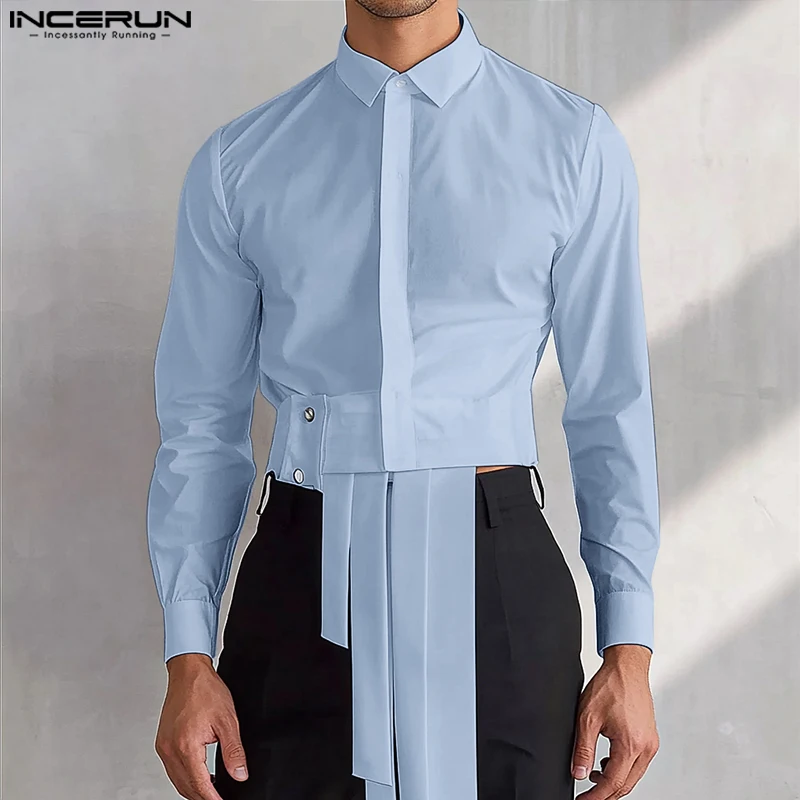 Fashion Casual Style Tops INCERUN New Men Solid Deconstruction Splicing Strip Shirts Handsome Male Irregular Long Sleeved Blouse