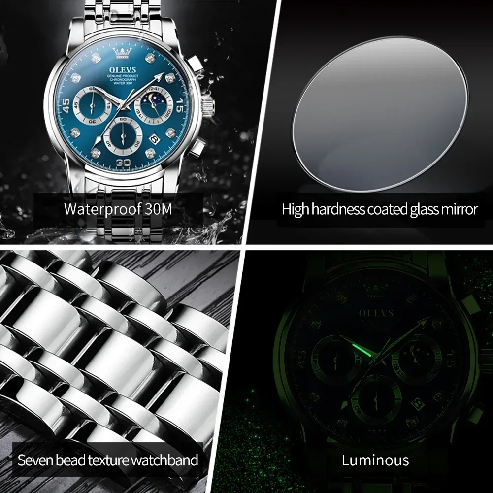 OLEVS 2889 Original New Quartz Luxury Mens Watches Chronograph Business Fashion 30M Waterproof Stainless Steel Mens Watches