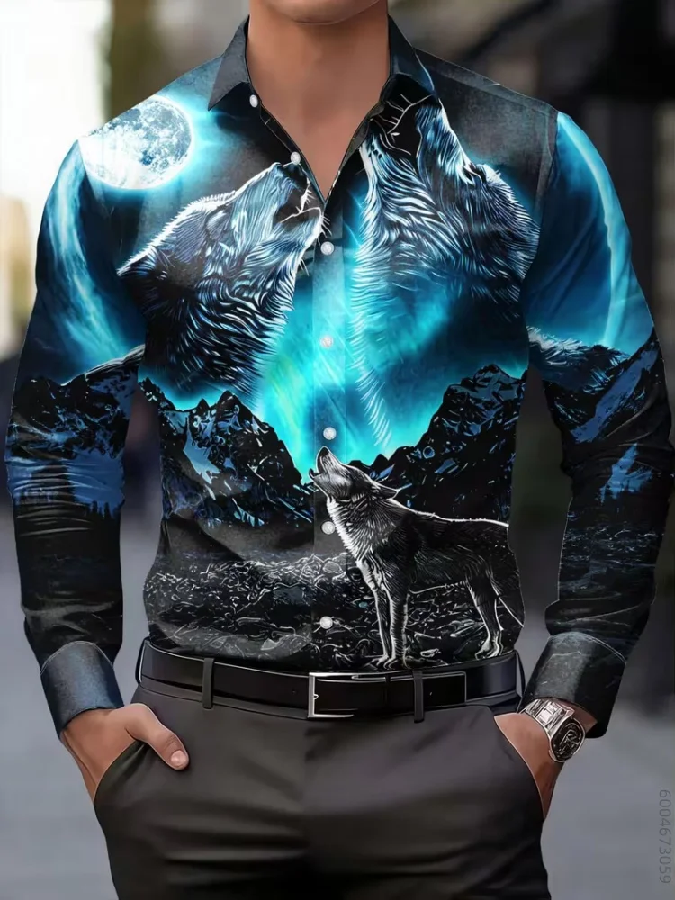Men's long sleeved shirt with wolf howl and night scenery, printed daily party, vacation, fashionable trend, loose casual top