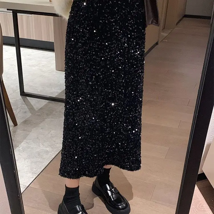 Saia maxi faldas mujer vintage temperamento preto veludo lantejoulas saias Юбка saia longa uma linha falda largas