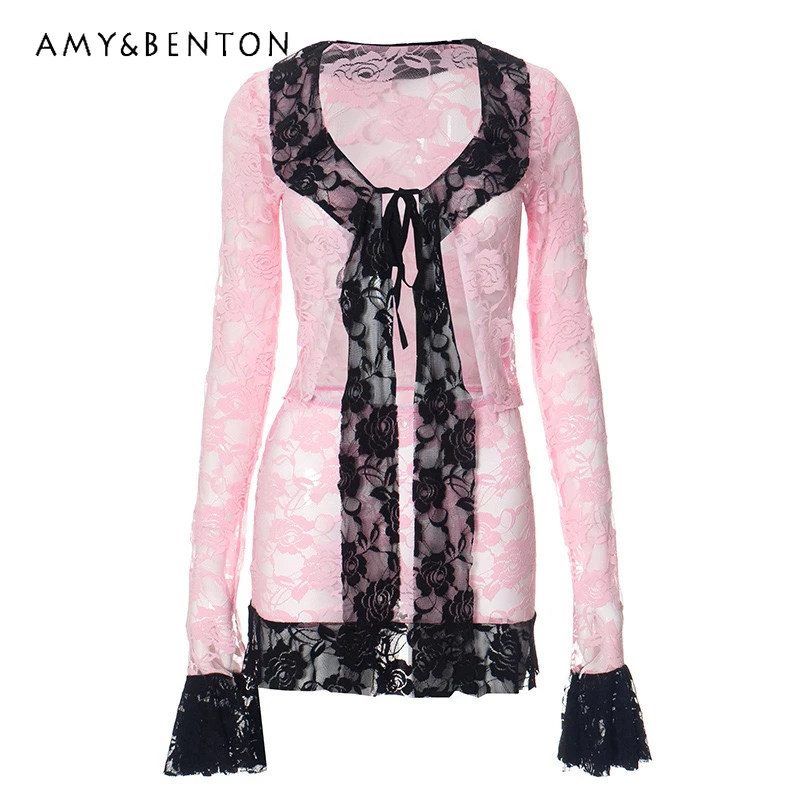 

European American Sexy Hot Girl Women's Set 2025 Sweet Pink Sheer Lace Bell Sleeve Tie Slimming Top Bodycon Short Skirt Ladies