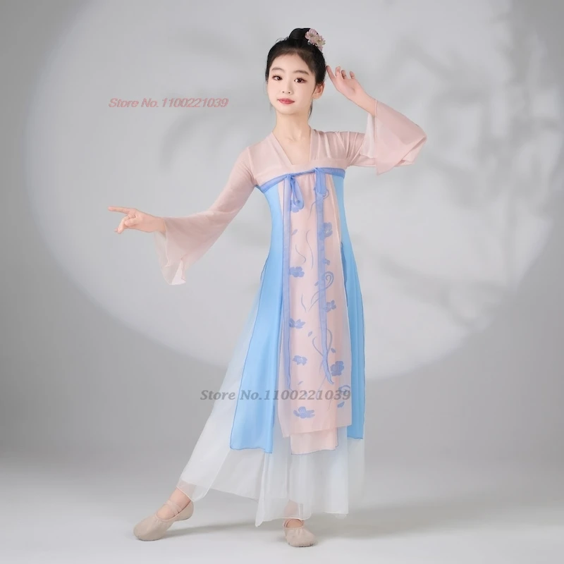 2025 traditionele chinese kinderen danskostuum vintage bloemenprint mesh hanfu tops + broek set toneelvoorstelling folk jurk