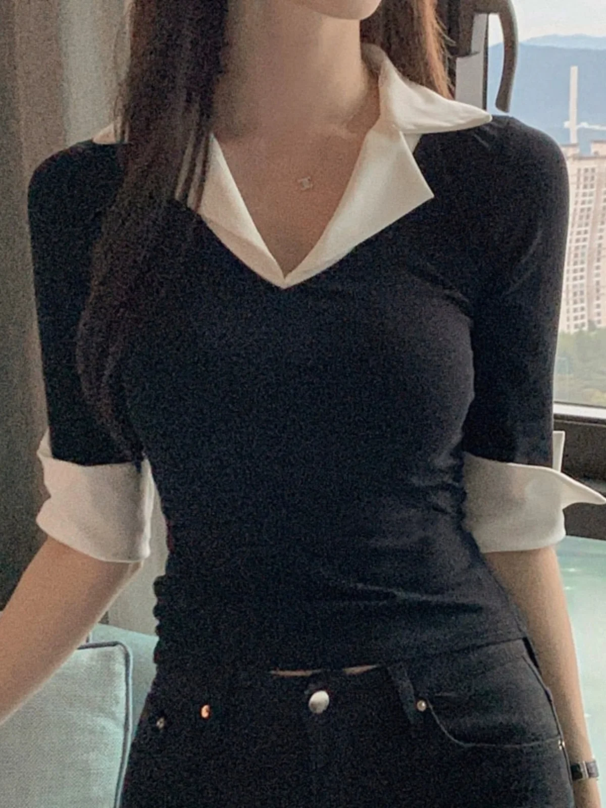 Slim Fit V-Ne Seven Sve T-irt Spring New Design Sense Ele Splice Base irt Top Trendy Korean Sle Commute Faion