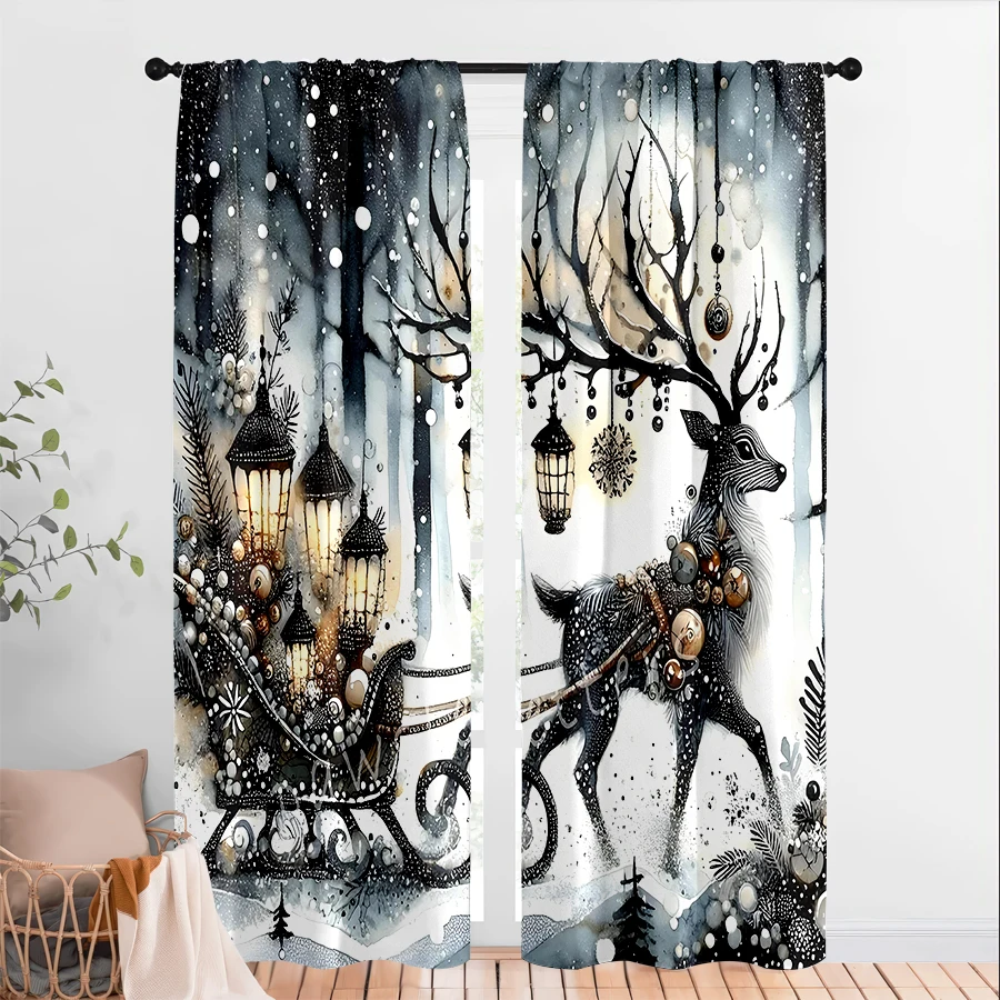 2PCS Christmas Winter Curtains, Ink Reindeer, Digital Print, Bedroom Living Room Kitchen, Rod Pocket Polyester, Home Decor
