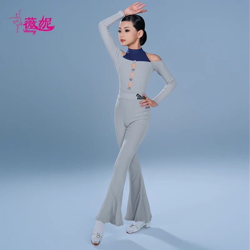 Venny Style Latin Dance Wear Girls Practice Set: Premium Long Sleeve Halter Top & Flared Pants Separates, New Slim Fit Modern