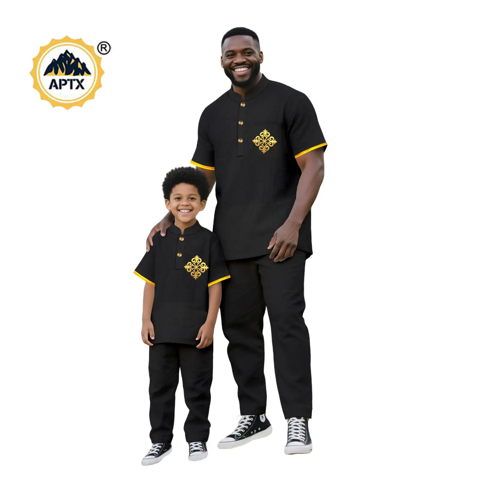 African Family Clothes Bazin Riche Father and Son Suit Applique Top and Pant Sets Dashiki Men Outfits 2 Pieces Sets 25F023