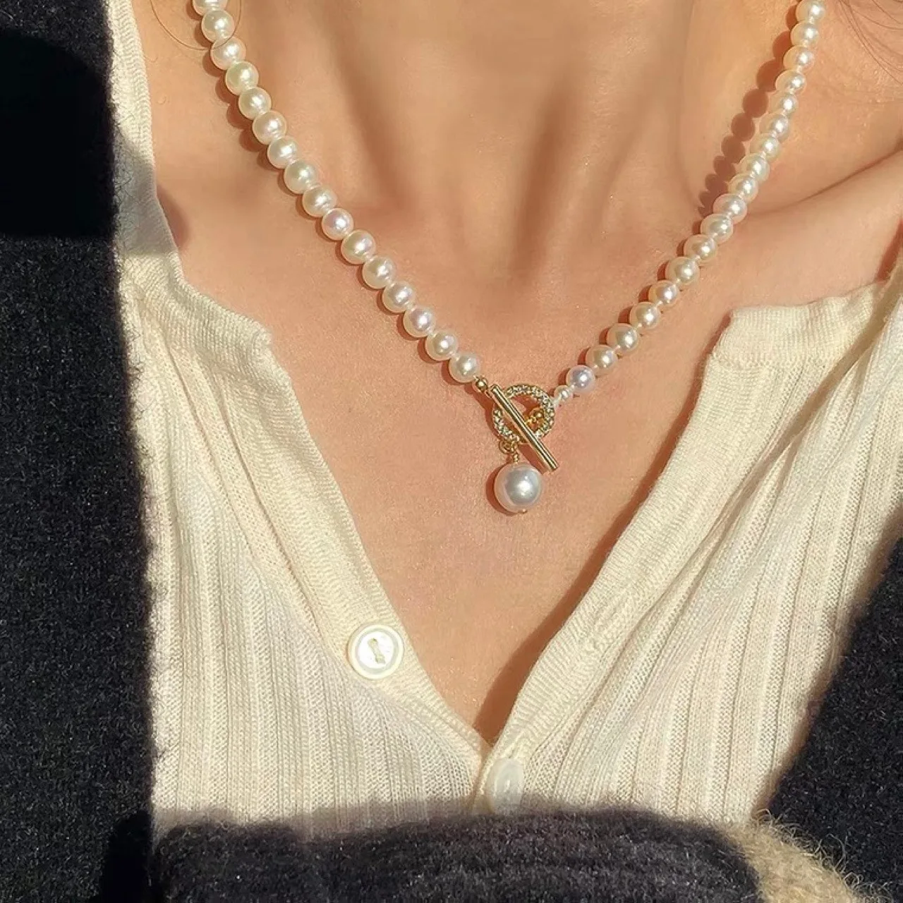 

Brass AAA Zircon Real Natural Pearl OT Chian Necklaces Women Jewelry Punk Hiphop Designer Runway Rare Boho Top Japan Korean