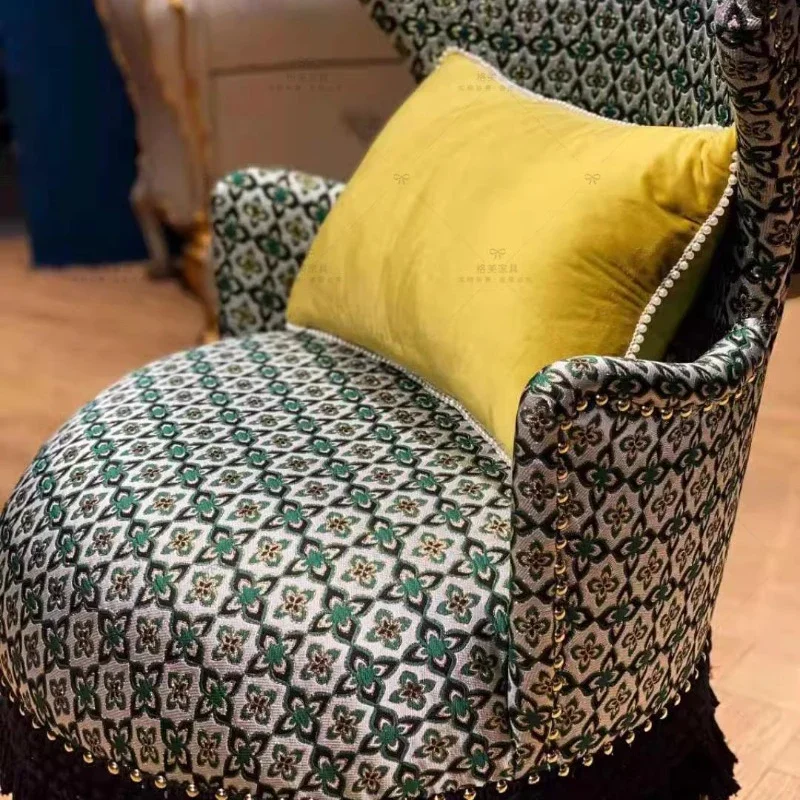 Retro Sofa Chair Tassel Solid Wood Green Gold Wire Jacquard Fabric Single Sofa Chair Living Room Furniture стул ротанг muebles