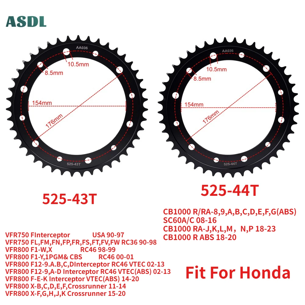 

525 43T 44T 525-43T 525-44T Tooth Motorcycle Rear Sprocket Chain For Honda VFR750 F Interceptor VFR800 RC46 CB1000 R 2018-2023
