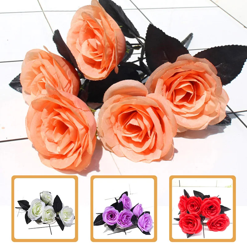 5 Heads Artificial Rose Flowers Black Red Gray Valentine Halloween Decorations Simulation Rose Plant Party Table Decor Bouquet