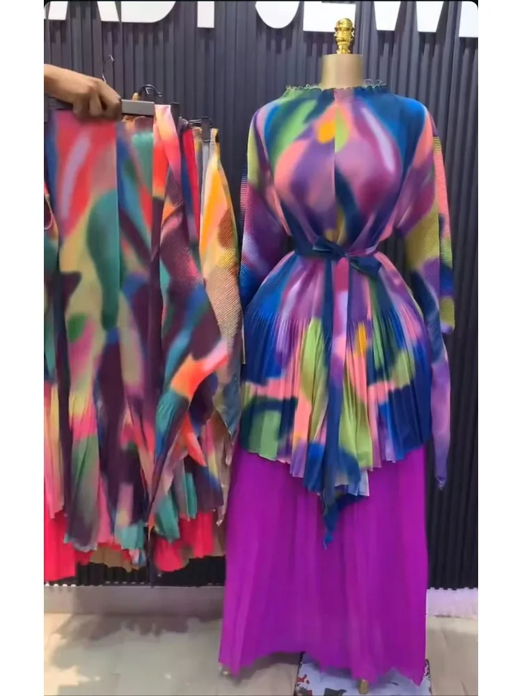 2025 مياكي مطوي طباعة جديدة غير النظامية قطعتين مجموعة حزام فضفاض المرأة تنورة مجموعة الخريف جديد