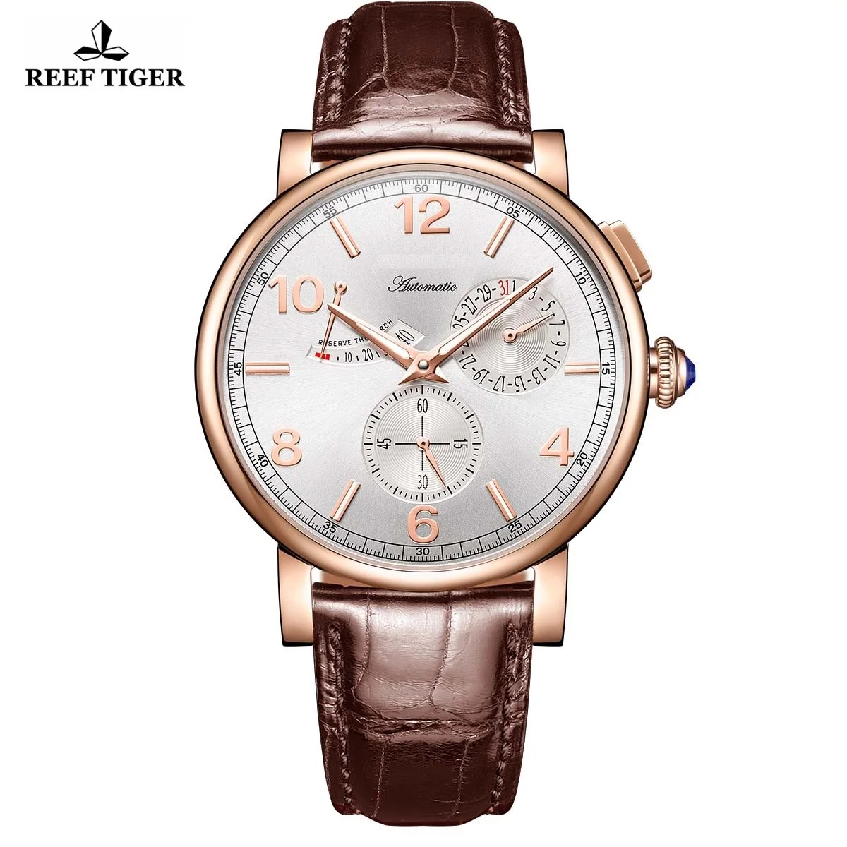 Reef Tiger For Mens Mechanical Watch Male Business Automatic Wristwatch Power Reserve Date Sapphire Crystal Relogios Masculinos