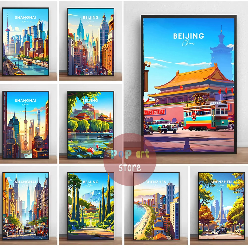 China Chinese City Beijing Shenzhen Shanghai Poster Canvas Painting China Traveling Prints Beijing Canvas Print Hotel Home Decor