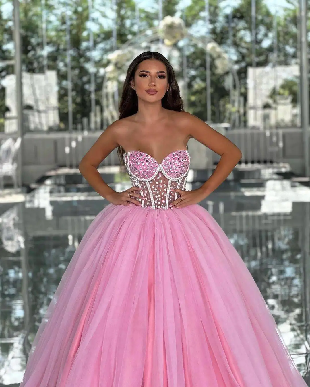 Princess A Line Evening Dress Crystal Strapless Sleeveless Prom Gowns Puffy Sweep Train  Party Dresses Customized