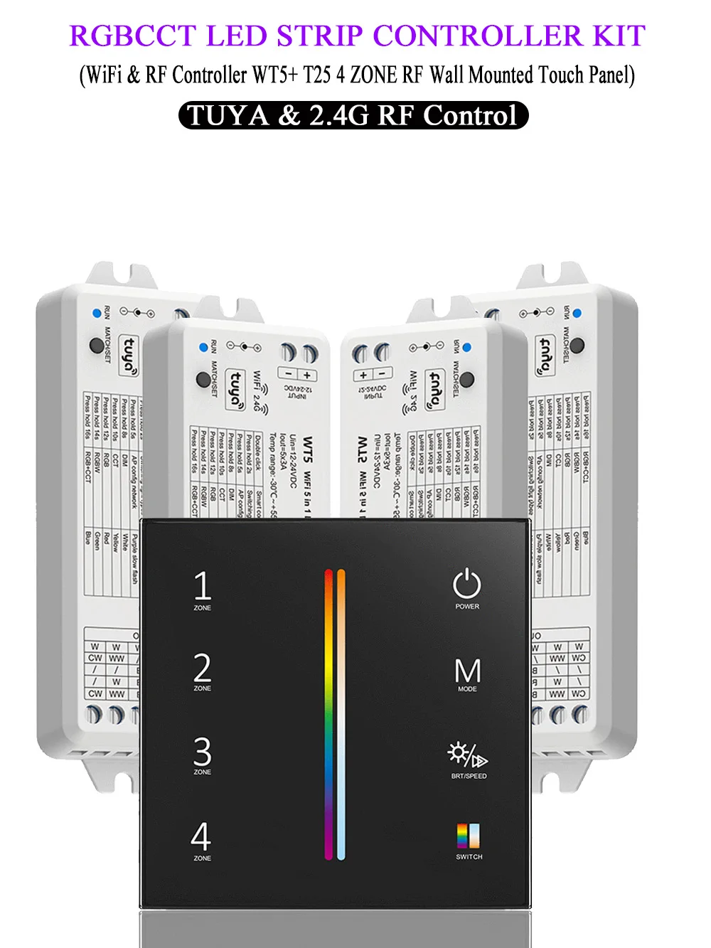 Zestaw inteligentnego kontrolera LED WIFI TUYA RGBCCT, 5-kanałowy, DC12V 24V, ściemniacz RF 2.4G, 4-strefowy, montowany na ścianie panel dotykowy, pilot zdalnego sterowania — 2