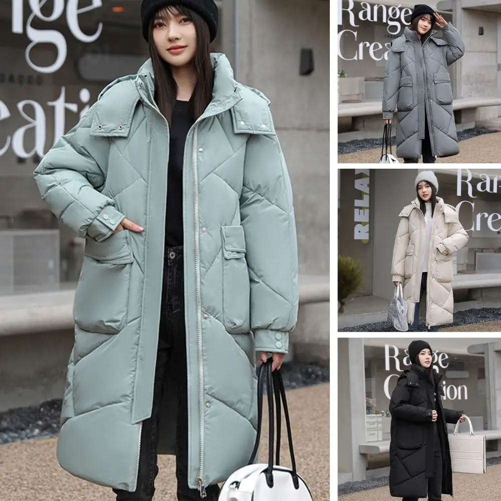 Inverno feminino longo parka casaco engrossado acolchoado manga longa com capuz bolsos grandes comprimento médio solto casaco