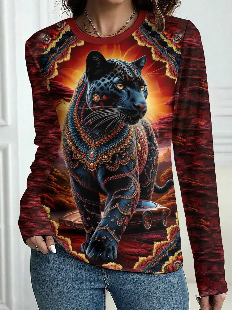 Autumn Leopard 3D Print Long Sleeve T-Shirt Women's Casual T-shirts Fashion Oversized Tops Y2K Tees Streetwear Female Clothing
