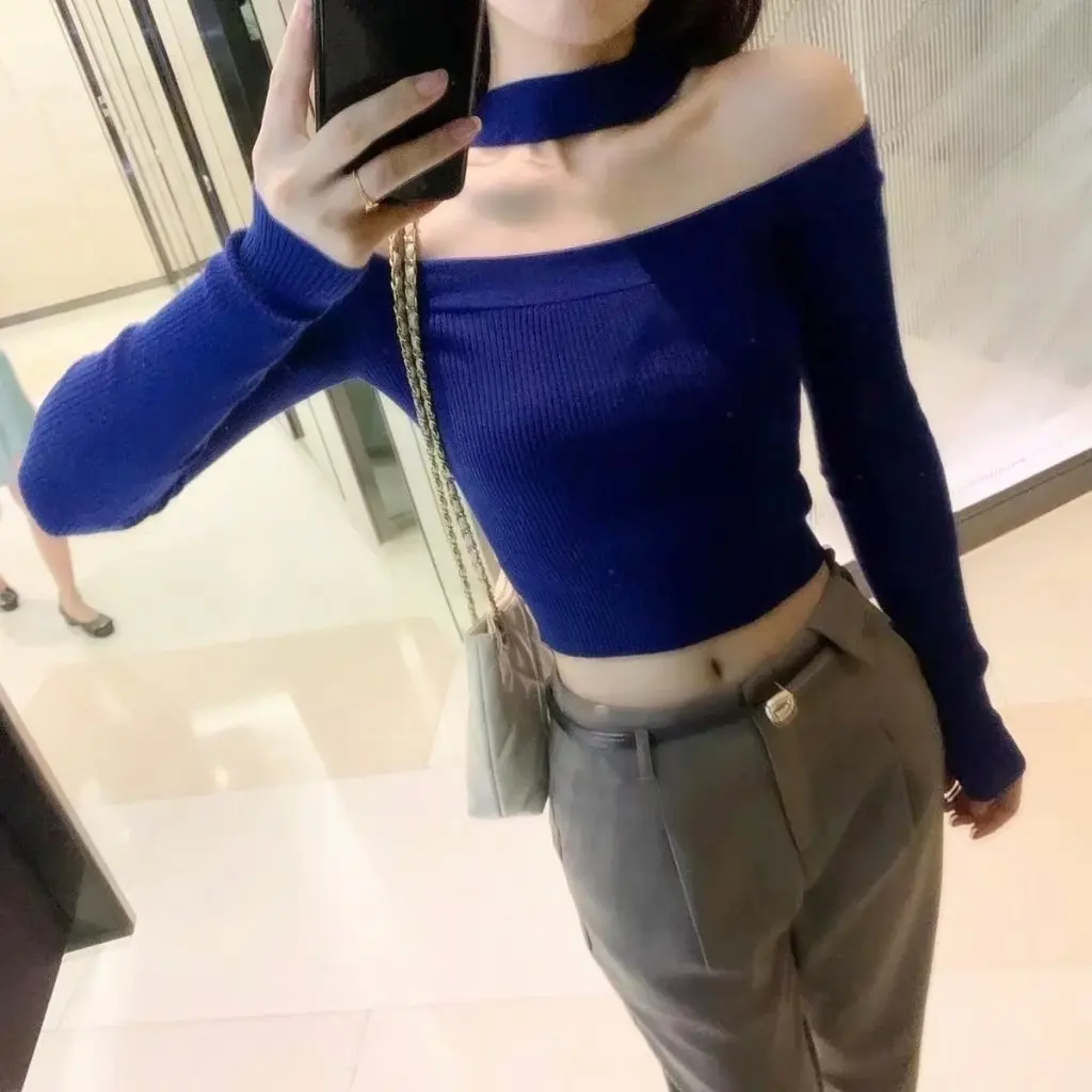 

Women's Slim-fit Long-sleeved Pullover Sweater Autumn Winter Sexy Neck Knitwear Tight Short Style by Spot