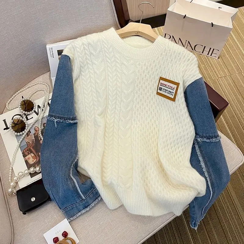 Spring Autumn Trendy Sweaters Women Fashion Denim Patchwork Knit Pullovers Niche Design Loose Sweater Y2k Tops Womens Clothes