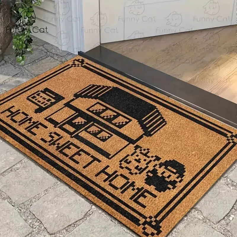 VIKAMA Vintage Pixel Art Doormat Game Inspired House Figure Print Non‑Slip Floor Rug Wear‑Resistant Front Door Home Decoration