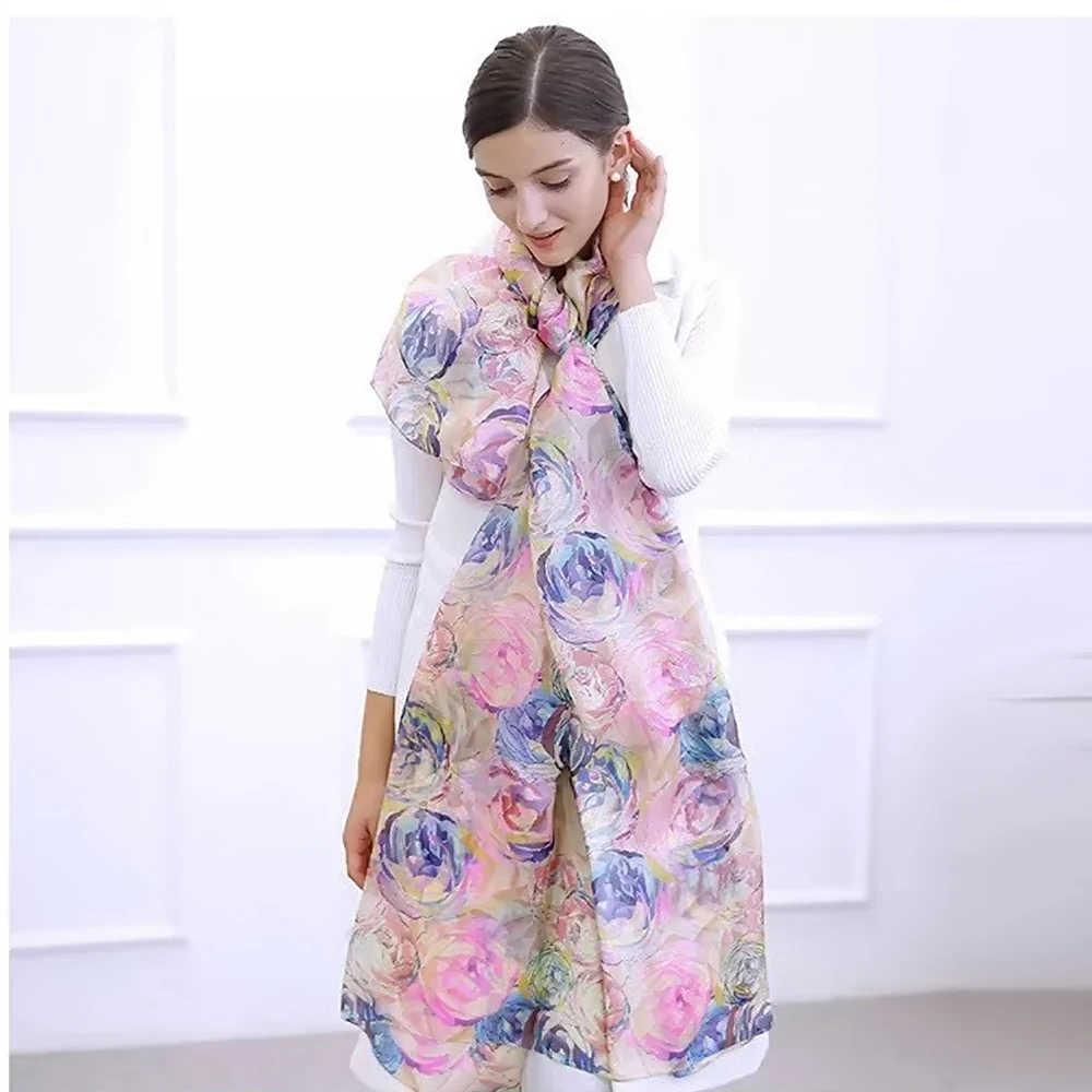 บายซิฟา | Beige Blue ผ้าพันคอผ้าไหมผ้าคลุมไหล่ผู้หญิงดอกไม้พิมพ์ผ้าพันคอ Cape ฤดูใบไม้ร่วงฤดูหนาว 100% หม่อนผ้าไหมผ้าพันคอยาวฤดูร้อนผ้าคลุมไหล่ชายหาด