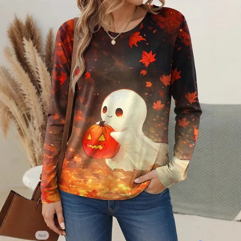 

Women's Pullover Round Neck Long Sleeve Top Halloween Digital Printed T-shirt