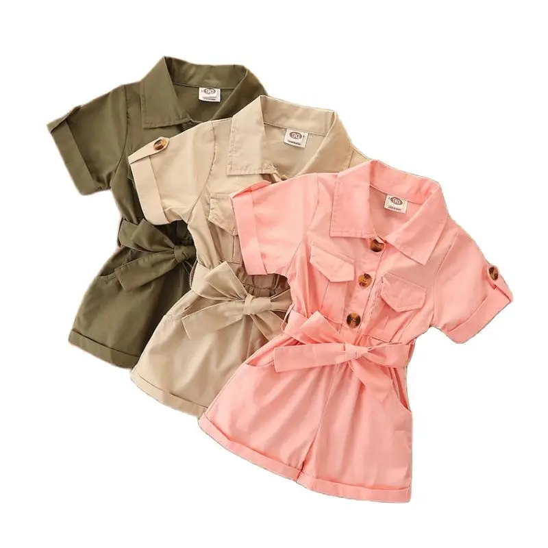 2024 Summer New Solid Color Short Sleeve Pocket Lapel Girls Jumpsuit Single-breasted Waist Fashion Overalls 1-5T