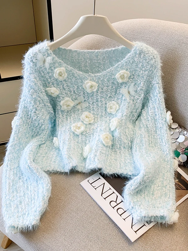 

Soft Pastel Flower Lake Blue Loose Knitted Sweater Women's Autumn Winter Design Slimming Top Comfortable Straight Tube