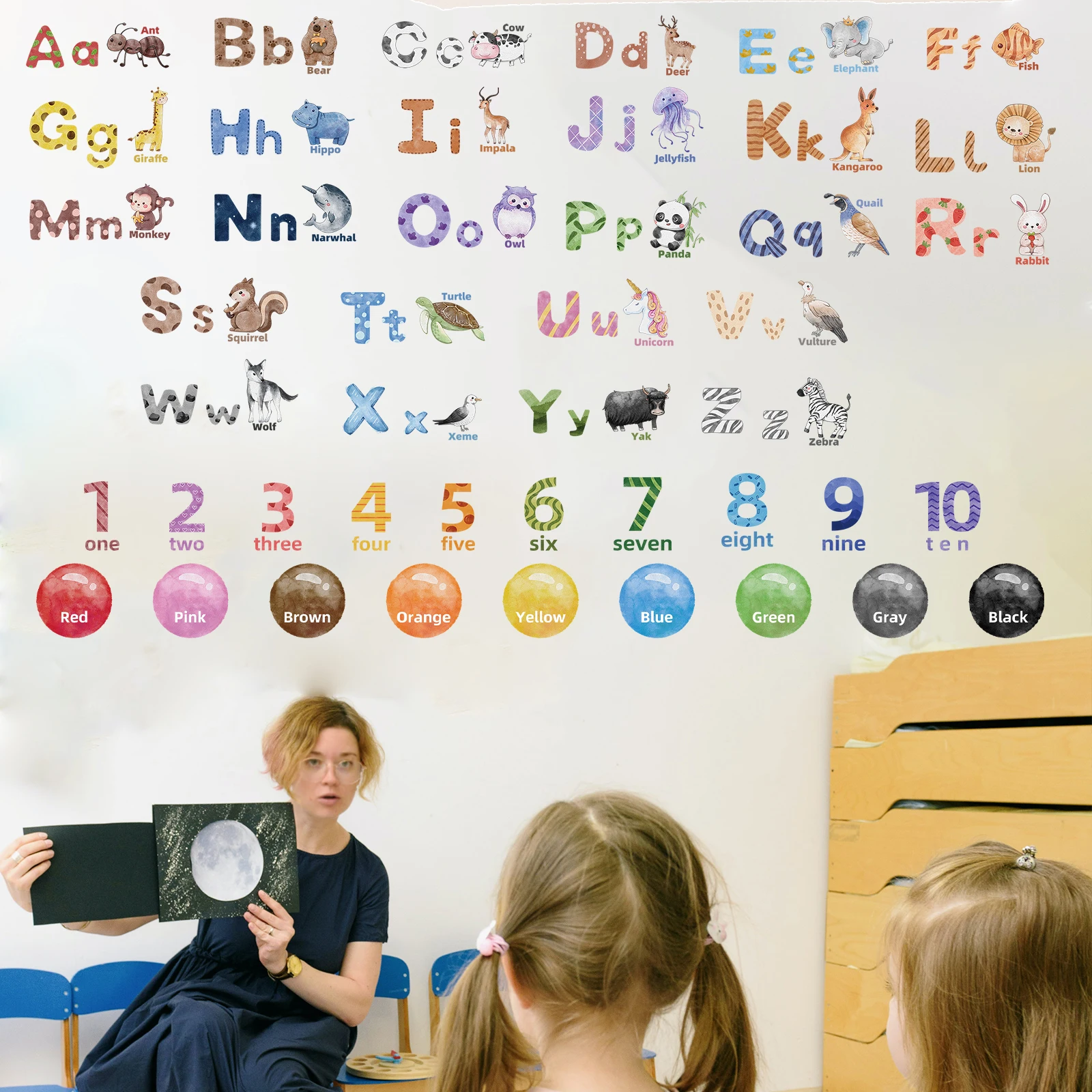 Alphabet Animals Wall Decals Numbers Wall Decor ABC Letters Wall Stickers for Classroom, Kids Room, Nursery Bedroom Playroom