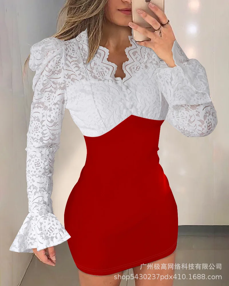 

Women's Dress Color Block New Solid Color Bead Embroidered Bubble Sleeves Party Dress 2023 Autumn New