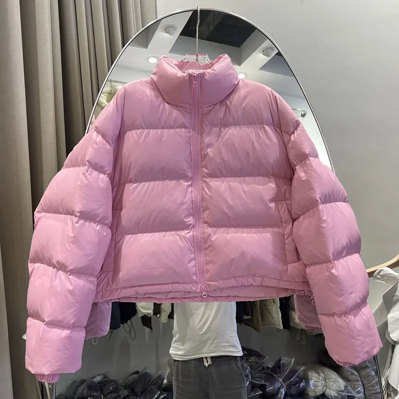 2025 hiver blanc canard vers le bas court femmes doudoune pardessus mode chaud col montant ample couleur unie femmes doudoune