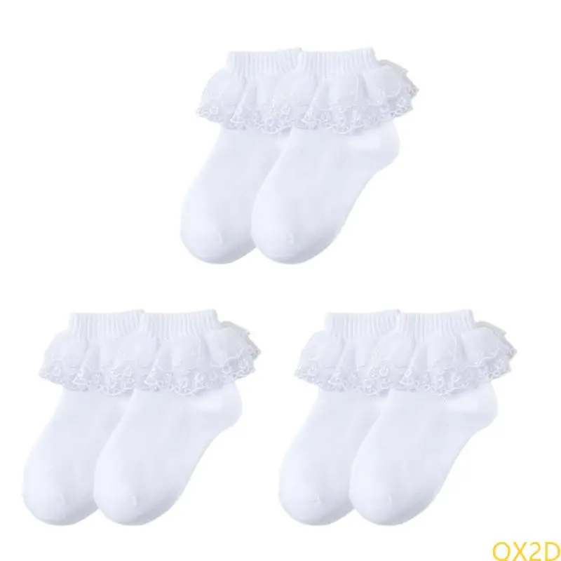 QX2D 3 أزواج الفتيات الدانتيل جوارب القطن الناعم تنفس الجوارب الكاحل للارتداء اليومي ومناسبة خاصة
