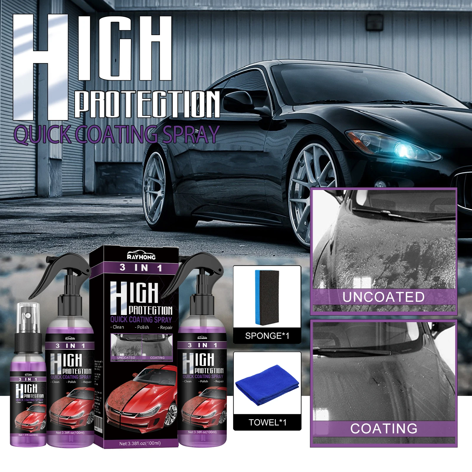 3-in-1 High Protection Quick Car Coating Spray - Bottle, Auto Hand Paint Color Change Cleaning Coating Spray, Hydrophobic Waterless Wash & Shine Shield for Most Cars, Trucks & SUVs