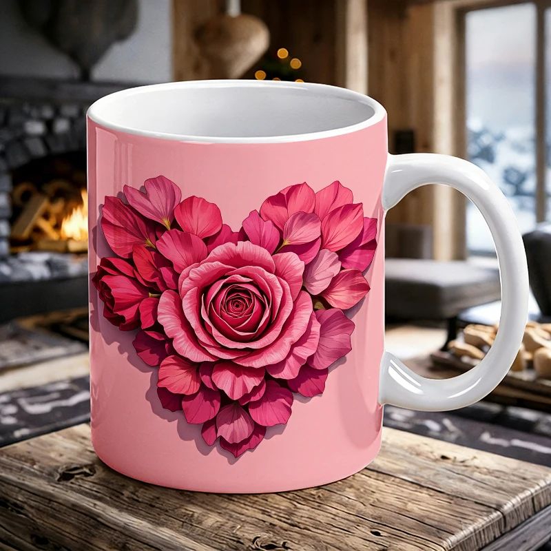

1pcs 3D Rose Illustration Ceramic Mug with Handle, Creative Coffee Cup, Milk Cup, Office Tea Cup, Drinking Cup, Fade-Resistant