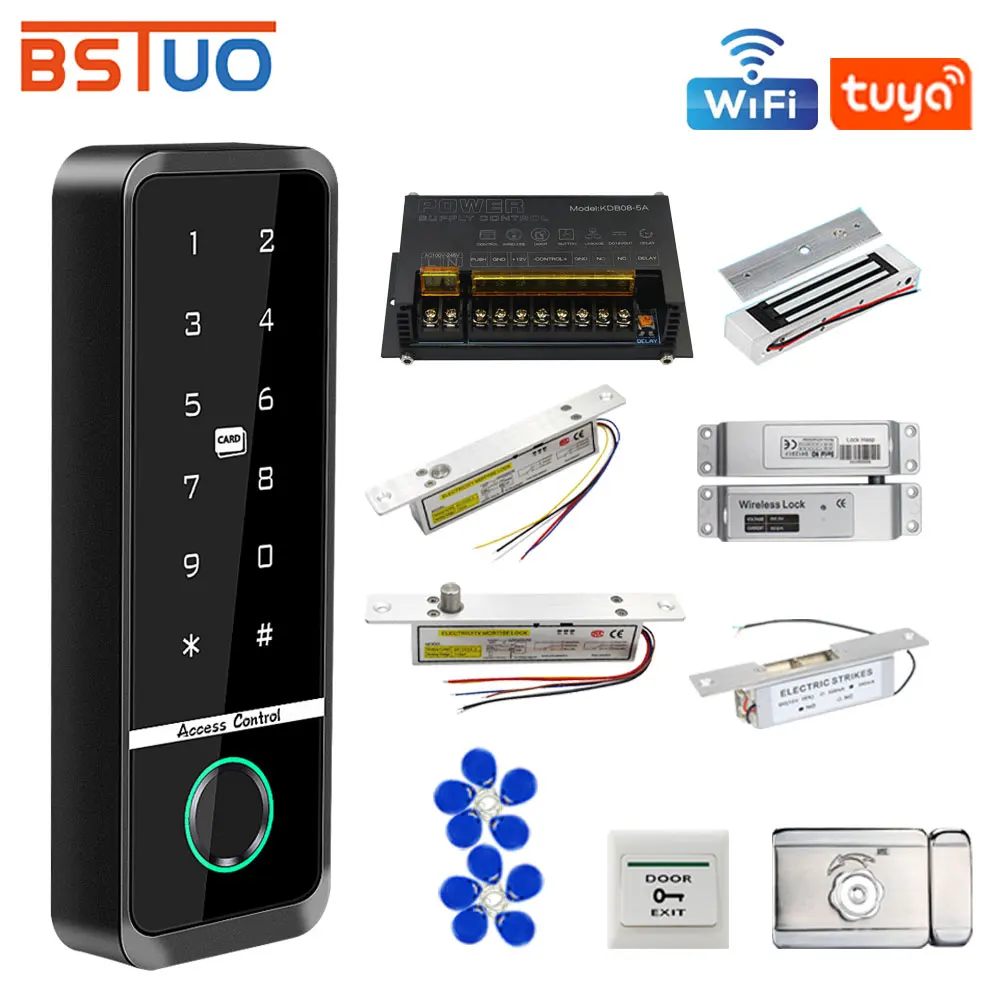 Outdoor Tuya App Wifi Access Control System Kit Set Waterproof RFID EM Fingerprint Keypad + 180Kg Electric Magnetic Strike Locks